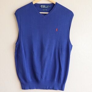 Vintage Polo Ralph Lauren Sweater Vest‎ L Indigo Blue Orange Pony 80s 90s Pima